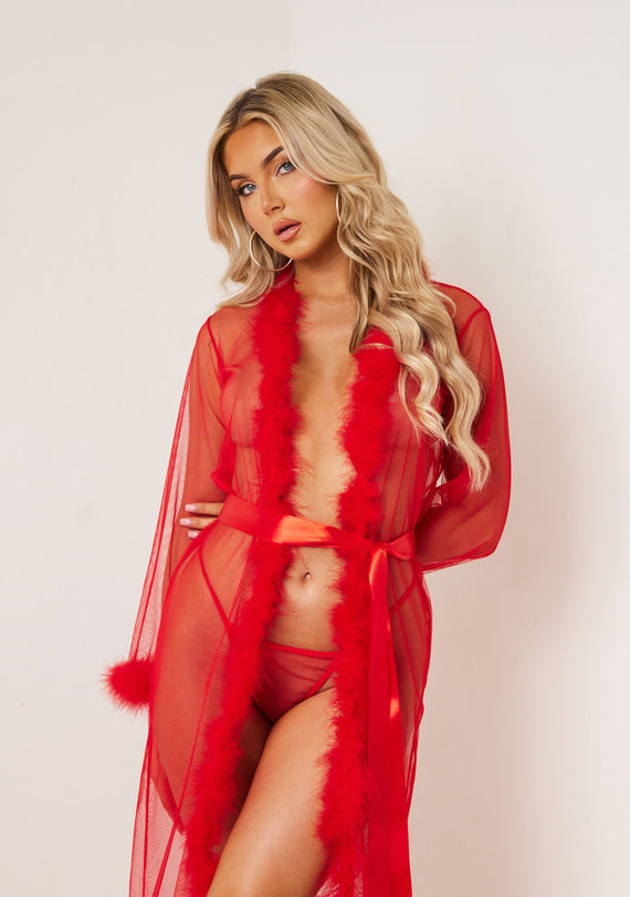 missyempire Sierra Red Fluffy Trim Tie Waist Lingerie Nightgown