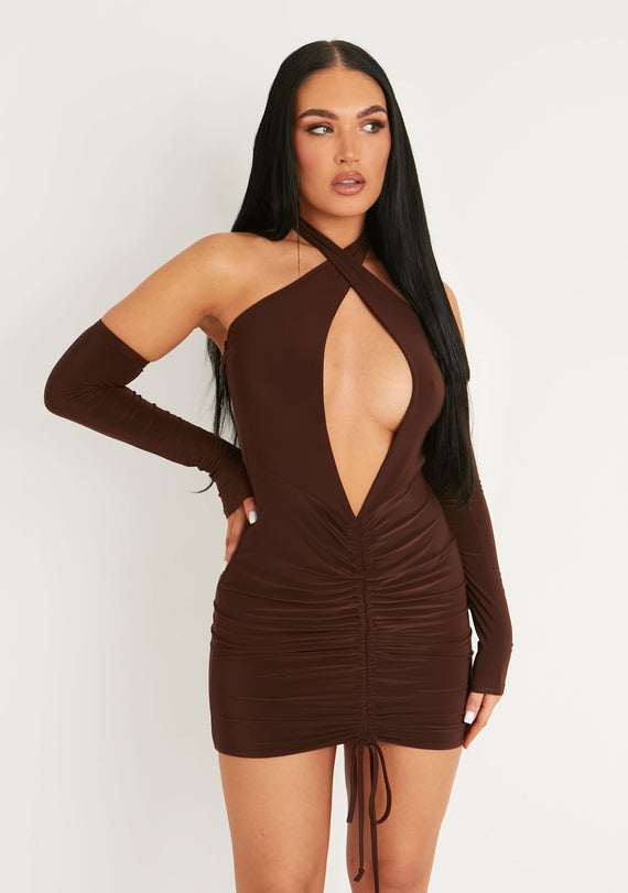 Missyempire Simone Chocolate Cut Out Cold Shoulder Ruched Mini Dress