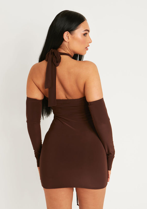 Missyempire Simone Chocolate Cut Out Cold Shoulder Ruched Mini Dress