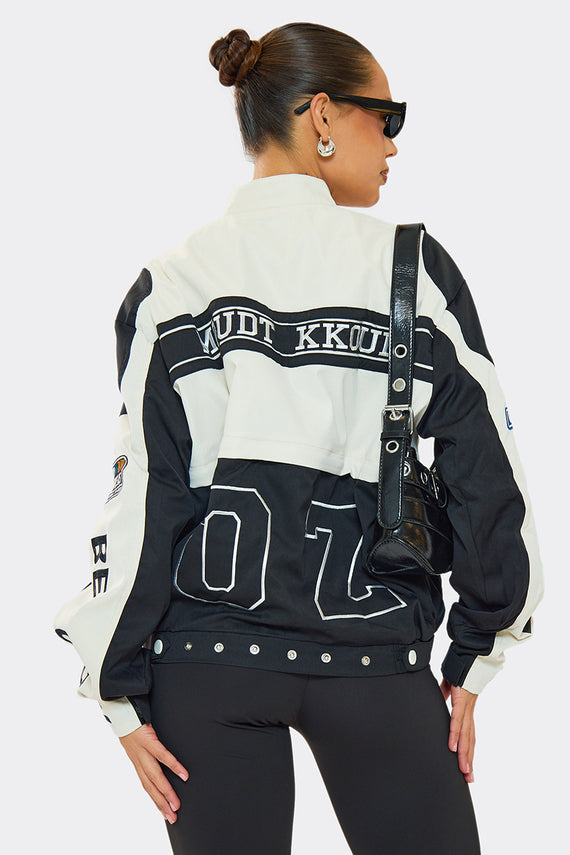 Missyempire Sofie Black Multi-Patch 2-in-1 Detachable Cropped Racing Jacket