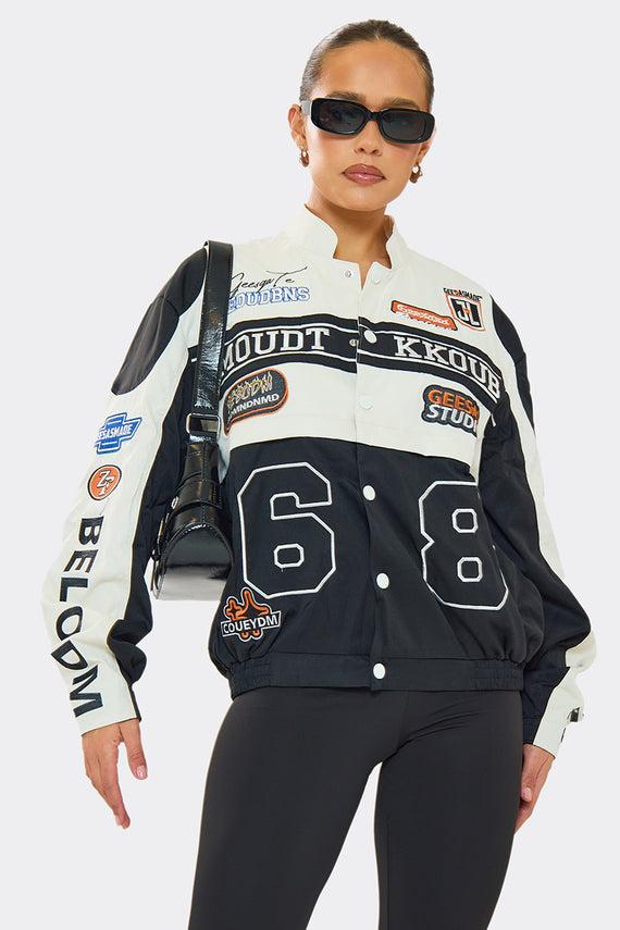 missyempire Sofie Black Multi-Patch 2-in-1 Detachable Cropped Racing Jacket