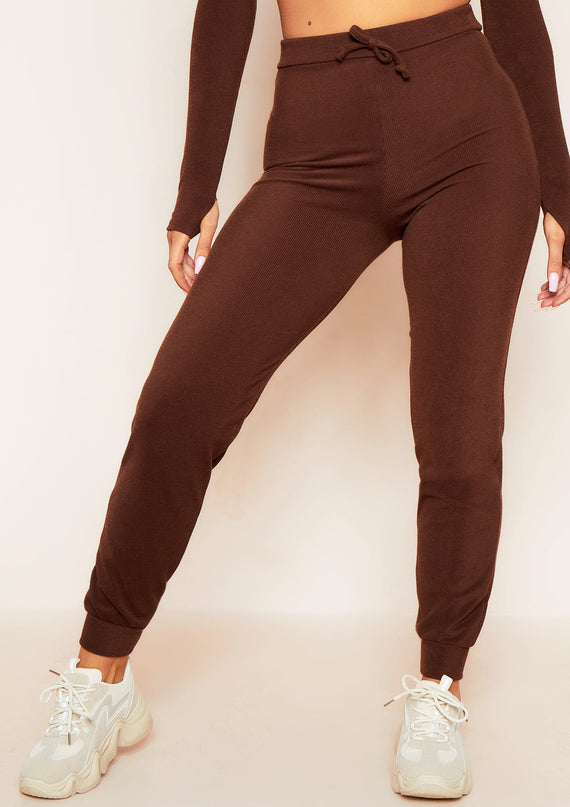 Missyempire Sophie Chocolate Soft Ribbed Drawstring Joggers
