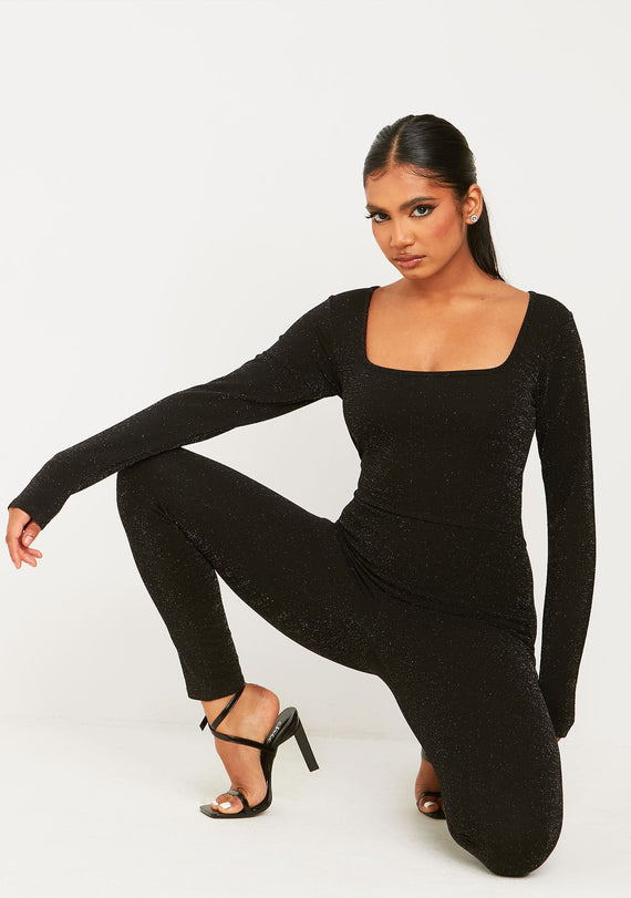 Missyempire Stacey Black Glitter Square Neck Jumpsuit