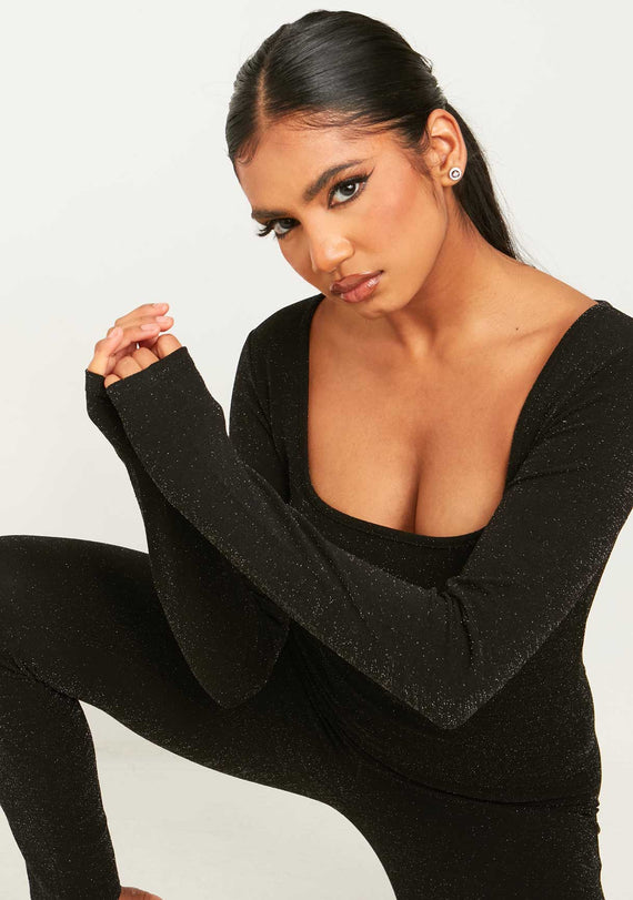 Missyempire Stacey Black Glitter Square Neck Jumpsuit