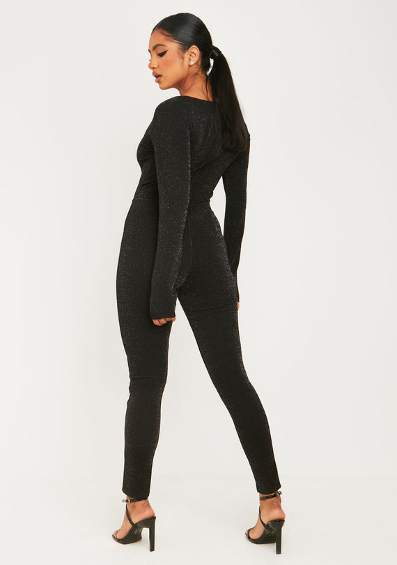 Missyempire Stacey Black Glitter Square Neck Jumpsuit