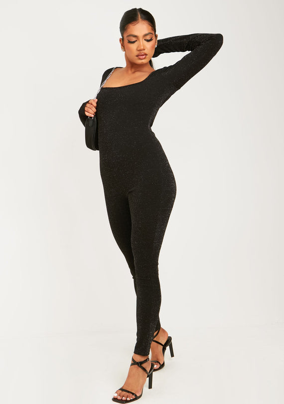 missyempire Stacey Black Glitter Square Neck Jumpsuit