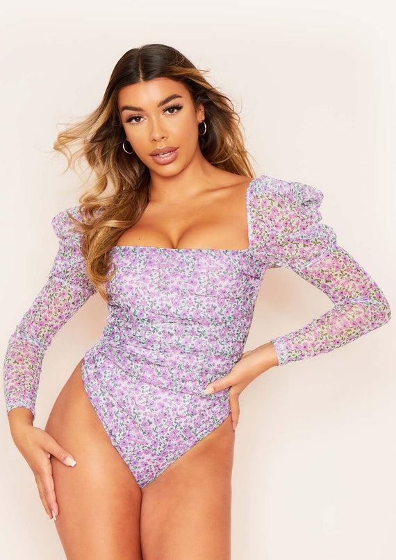 missyempire Stella Lilac Ditsy Floral Print Ruched Bodysuit