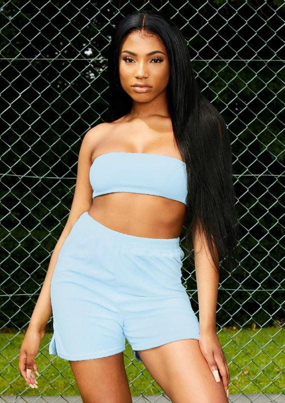 missyempire Stormi Pastel Blue Velour Bandeau Crop Top