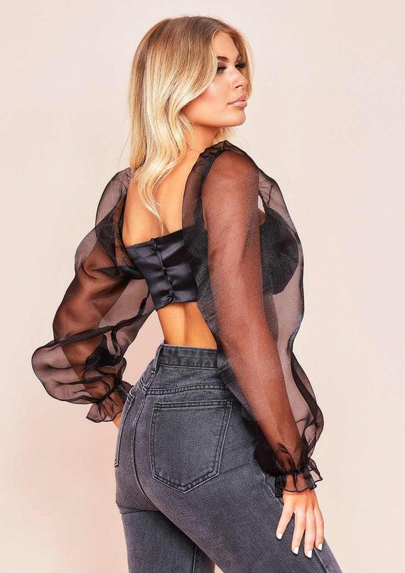 Missyempire Syrah Black Satin Mesh Puff Sleeve Crop Top