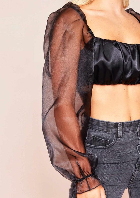 Missyempire Syrah Black Satin Mesh Puff Sleeve Crop Top