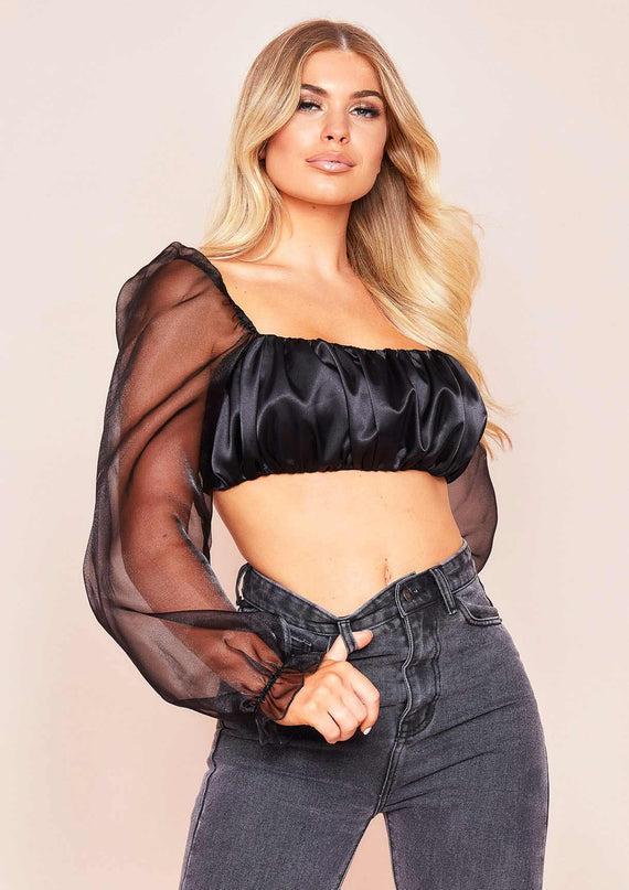 missyempire Syrah Black Satin Mesh Puff Sleeve Crop Top