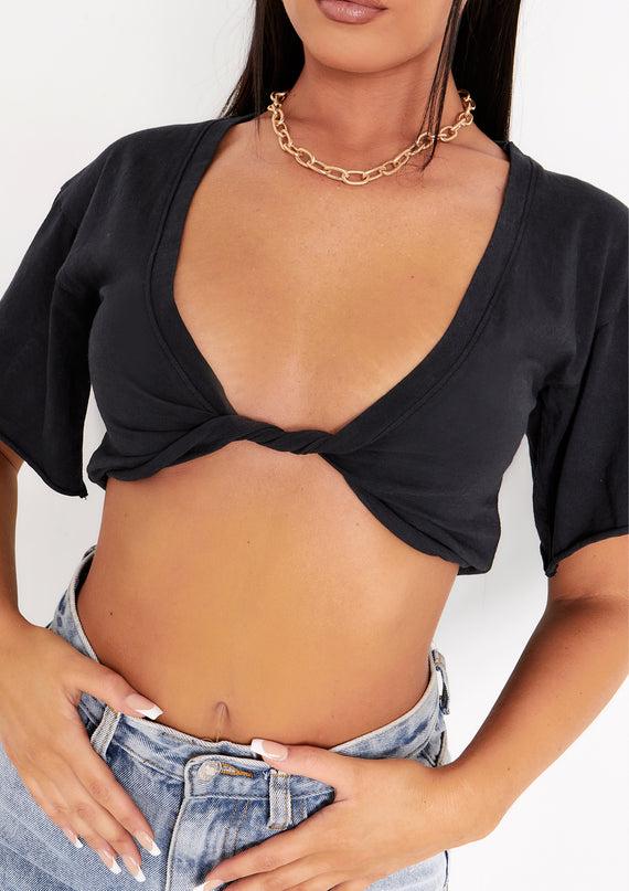 Missyempire Talia Black Cap Sleeve Twist Front Plunge Crop Top