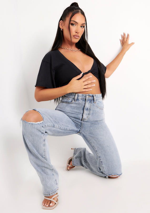 Missyempire Talia Black Cap Sleeve Twist Front Plunge Crop Top