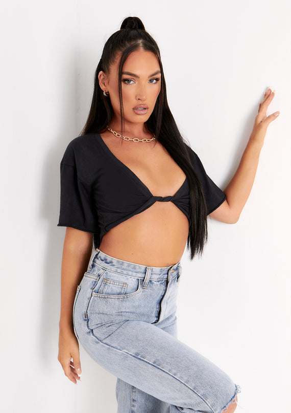 missyempire Talia Black Cap Sleeve Twist Front Plunge Crop Top