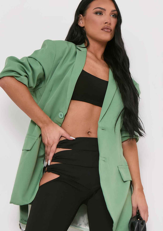 missyempire Tia Olive Green Oversized Belted Blazer