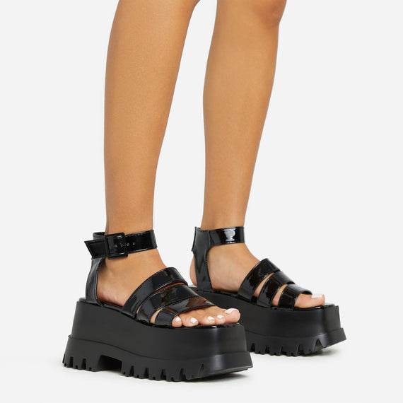 missyempire Track Multi Strap Detail Chunky Platform Sole Flat Sandal In Black Patent