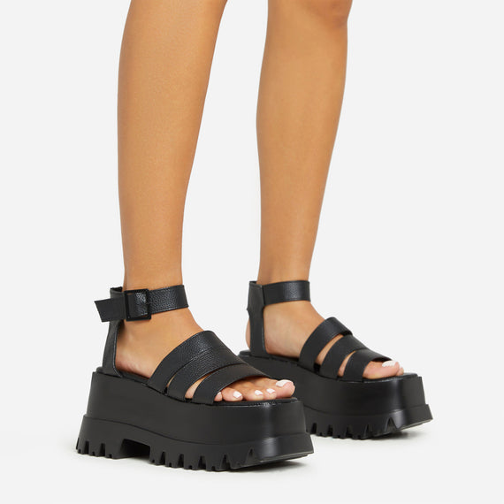 missyempire Track Multi Strap Detail Chunky Platform Sole Flat Sandal In Black Faux Leather