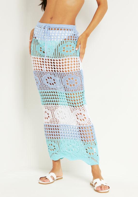 Missyempire Valentina Blue Crochet Panelled Maxi Skirt