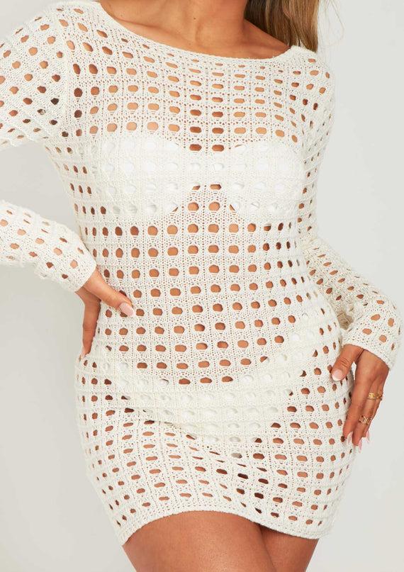 Missyempire Valerie Ivory Low Back Crochet Beach Dress Cover Up