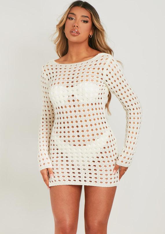 missyempire Valerie Ivory Low Back Crochet Beach Dress Cover Up