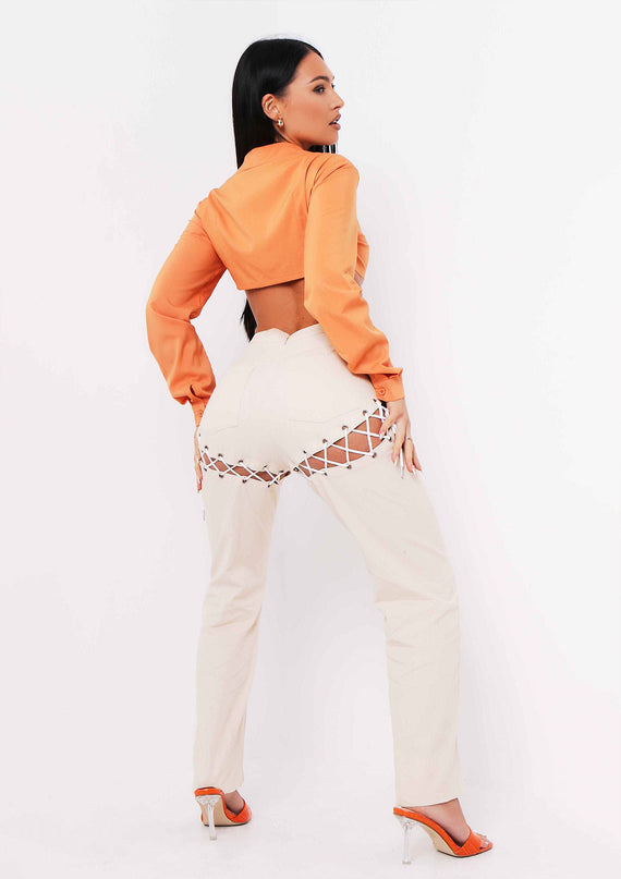 Missyempire Vanessa Burnt Orange Tie Up Plunge Cropped Shirt