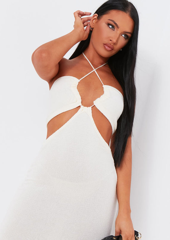 Missyempire Verity Cream Knitted Cut Out Halter Neck Dress