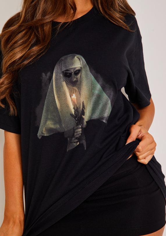 Missyempire Veronica Black Halloween Nun Oversized Graphic T-Shirt