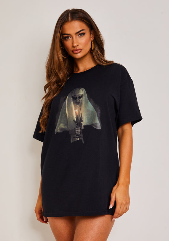 missyempire Veronica Black Halloween Nun Oversized Graphic T-Shirt