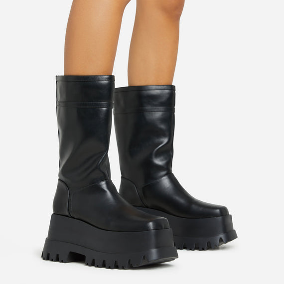 missyempire Walker Chunky Platform Sole Mid Calf Biker Boot In Black Faux Leather