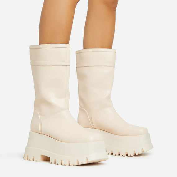 missyempire Walker Chunky Platform Sole Mid Calf Biker Boot In Nude Faux Leather