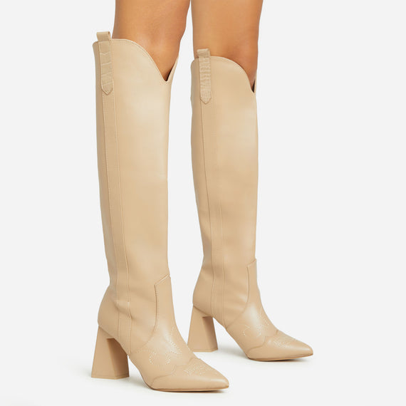 missyempire Wild-Side Pointed Toe Block Heel Knee High Long Western Cowboy Boot In Nude Faux Leather missyempire Wild-Side Pointed Toe Block Heel Knee High Long Western Cowboy Boot In Nude Faux Leather