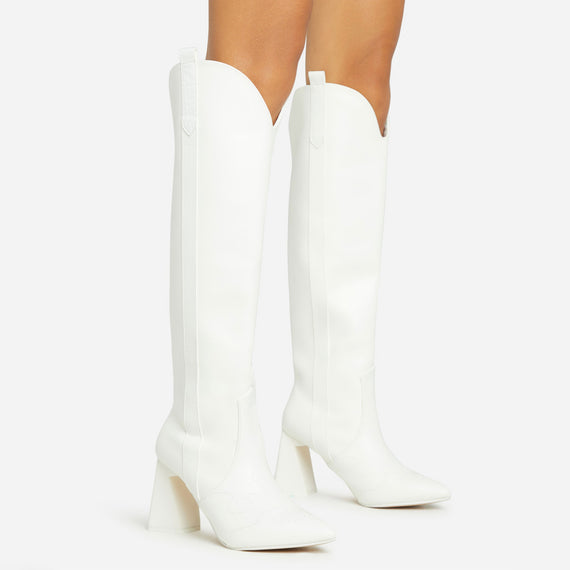 missyempire Wild-Side Pointed Toe Block Heel Knee High Long Western Cowboy Boot In White Faux Leather