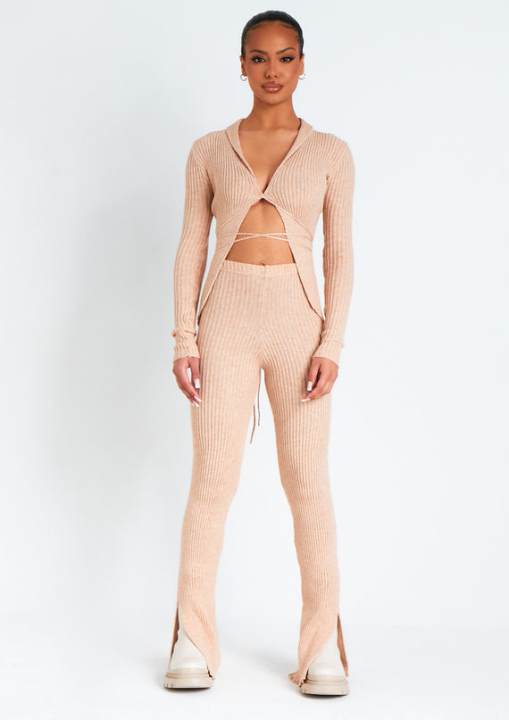 missyempire Yuna Beige Ribbed Knitted Side Split Trouser