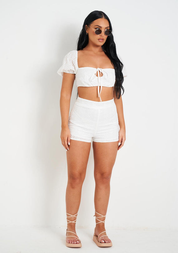 missyempire Zaria White Broidery Matching High Waisted Shorts