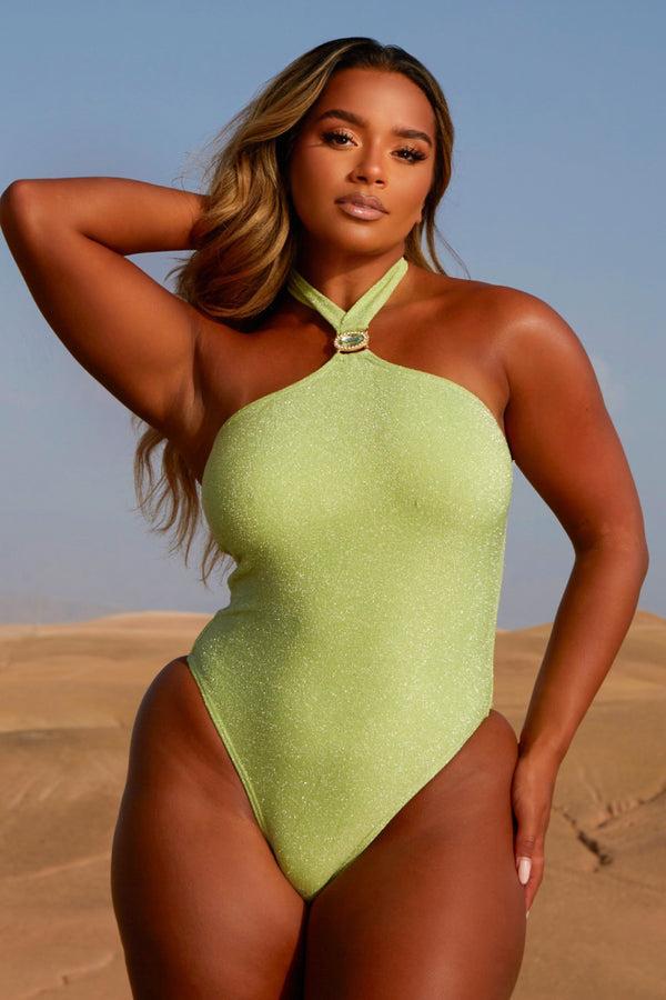 moda minx Lumiére 'Mint' Lurex Crystal Halter Swimsuit