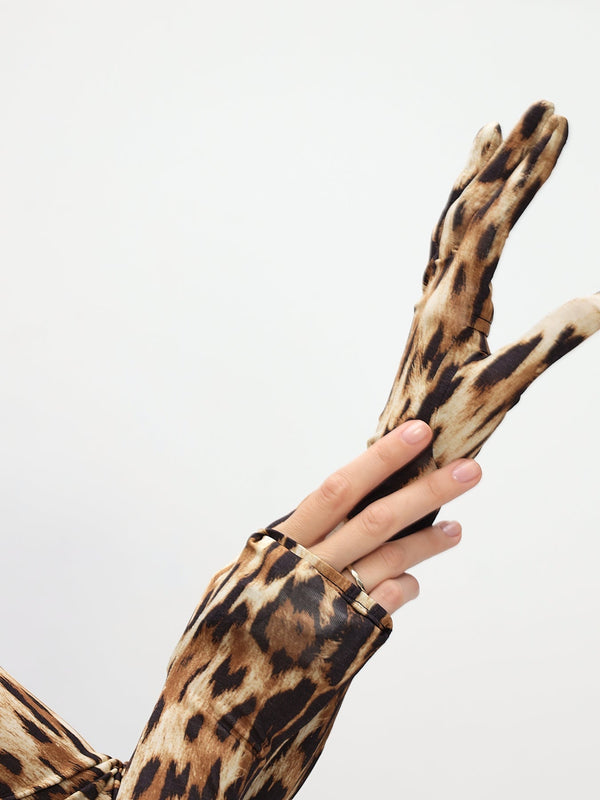 Monosuit Animal Long Sleeve Turtleneck Bodycon Shoulder Pad Party Futuristic Mini Dress With Gloves