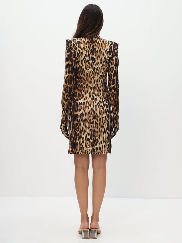 Monosuit Animal Long Sleeve Turtleneck Bodycon Shoulder Pad Party Futuristic Mini Dress With Gloves