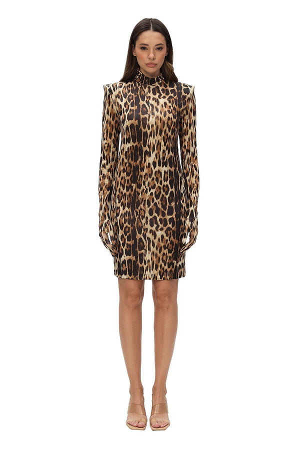 monosuit Animal Long Sleeve Turtleneck Bodycon Shoulder Pad Party Futuristic Mini Dress with Gloves