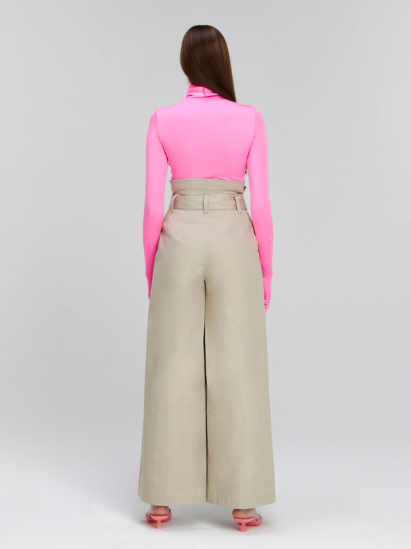 Monosuit Beige Full Length High-Waist Loose Fit Wide Leg Belted Casual Women's Pants