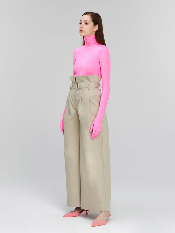 Monosuit Beige Full Length High-Waist Loose Fit Wide Leg Belted Casual Women's Pants