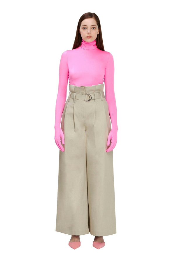 monosuit Beige Full Length High-Waist Loose Fit Wide Leg Belted Casual Women's Pants