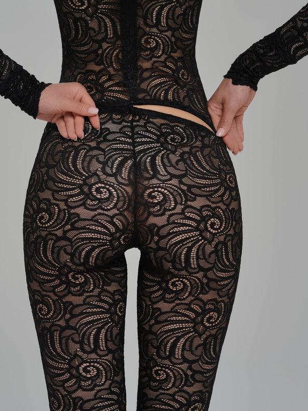 Monosuit Black Floral Lace Long Sleeve Turtleneck Full Bodysuit