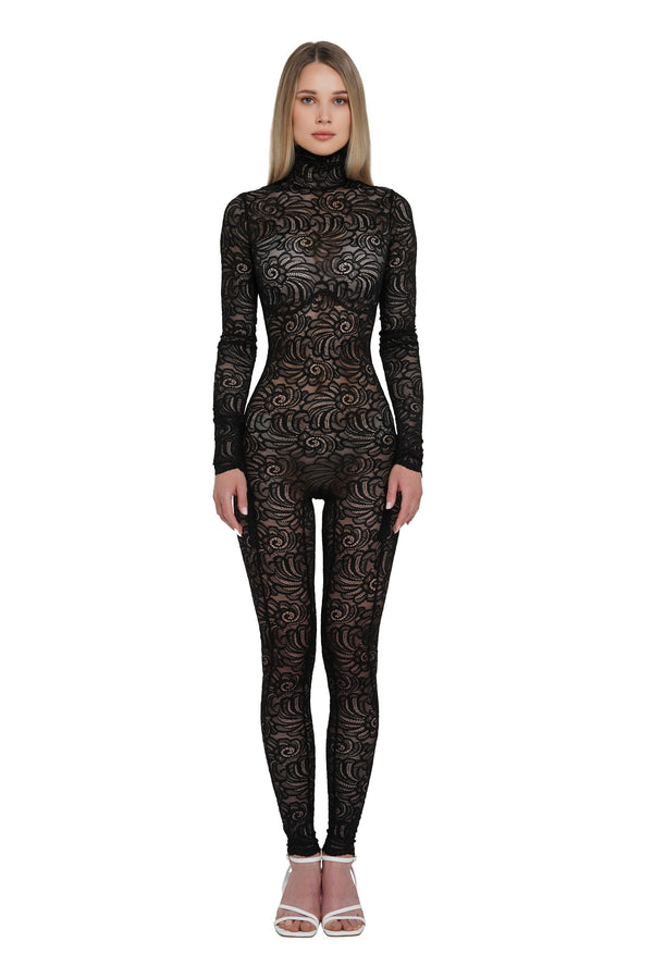 monosuit Black Floral Lace Long Sleeve Turtleneck Full Bodysuit monosuit Black Floral Lace Long Sleeve Turtleneck Full Bodysuit