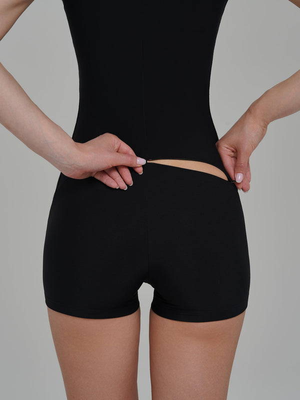 Monosuit Black High Neck Short Sleeve Zip Up Shorts Bodysuit