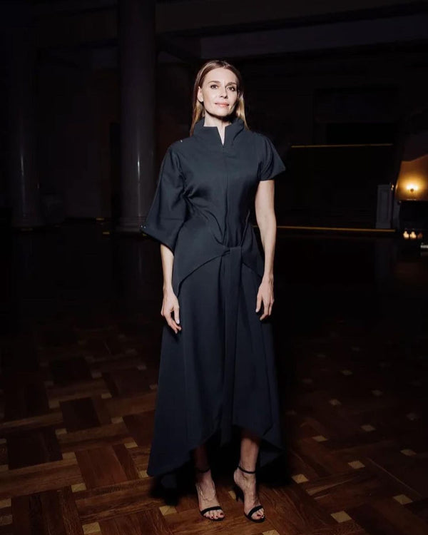 Monosuit Black Kimono Sleeve High Neck Asymmetrical Belted Futuristic Maxi Dress Lea