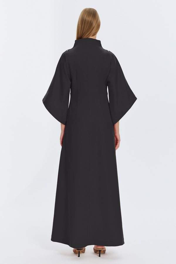 Monosuit Black Kimono Sleeve High Neck Asymmetrical Belted Futuristic Maxi Dress Lea