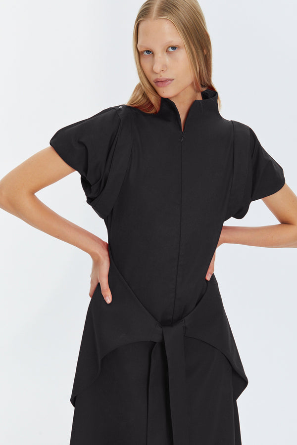 Monosuit Black Kimono Sleeve High Neck Asymmetrical Belted Futuristic Maxi Dress Lea