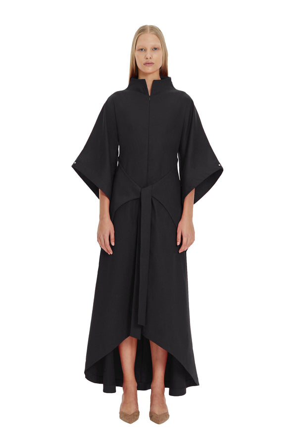 monosuit Black Kimono Sleeve High Neck Asymmetrical Belted Futuristic Maxi Dress Lea