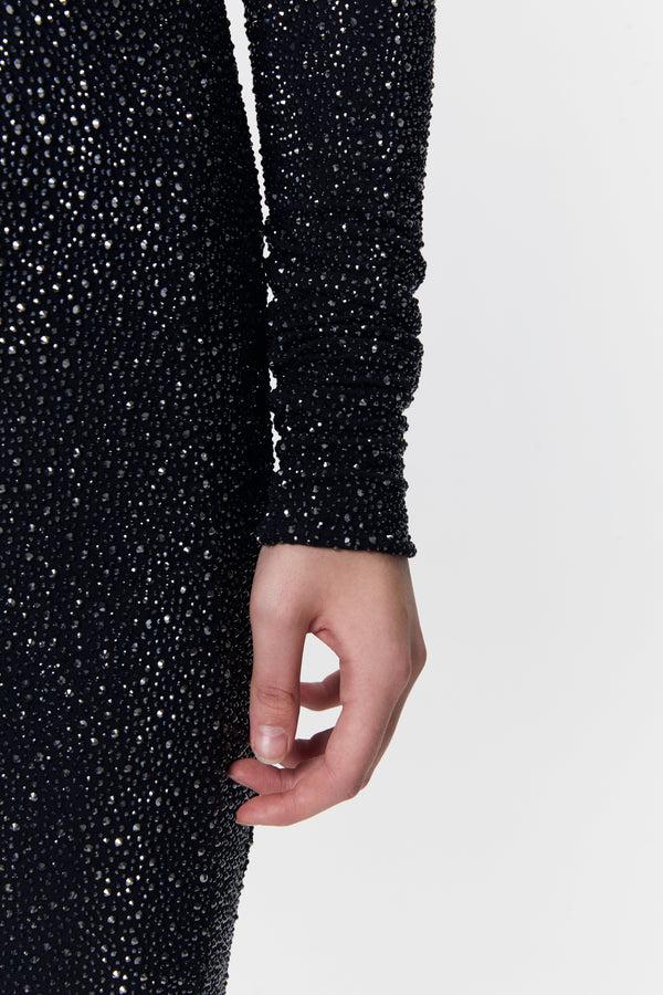 Monosuit Black Long Sleeve Cowl Neck Backless Sequin Bodycon Evening Midi Dress