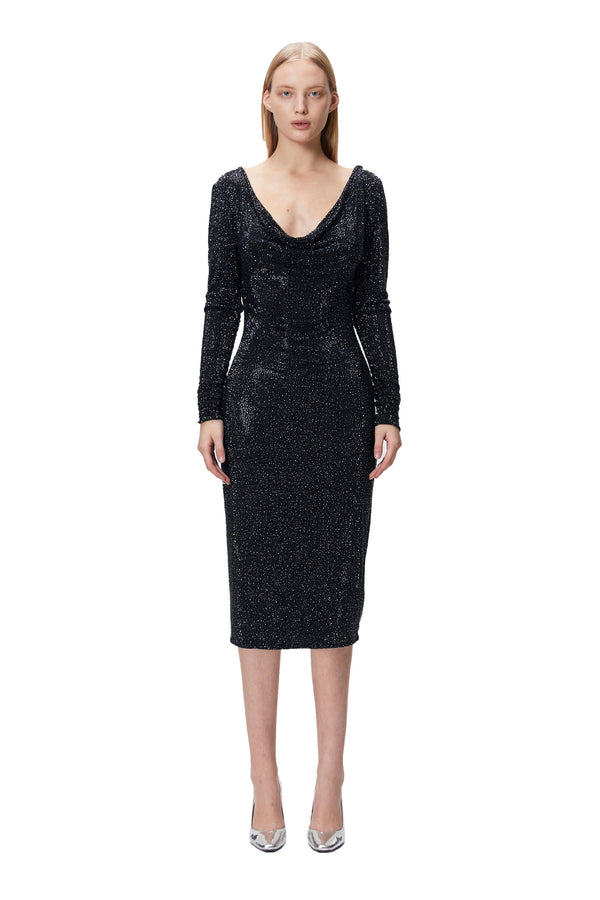 monosuit Black Long Sleeve Cowl Neck Backless Sequin Bodycon Evening Midi Dress